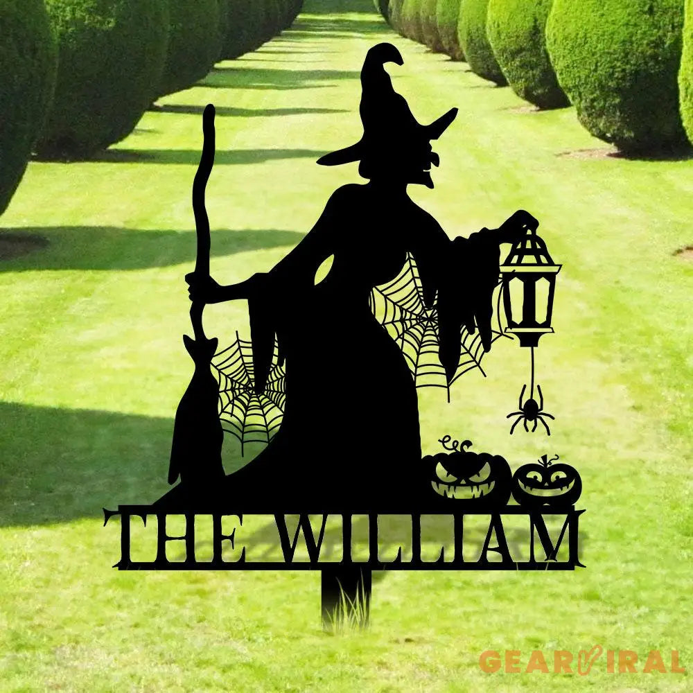 Metal Sign Witch Silhouette Halloween Custom Name Metal Stake,Personalized Family Yard Sign Outdoor Door Garden Decor