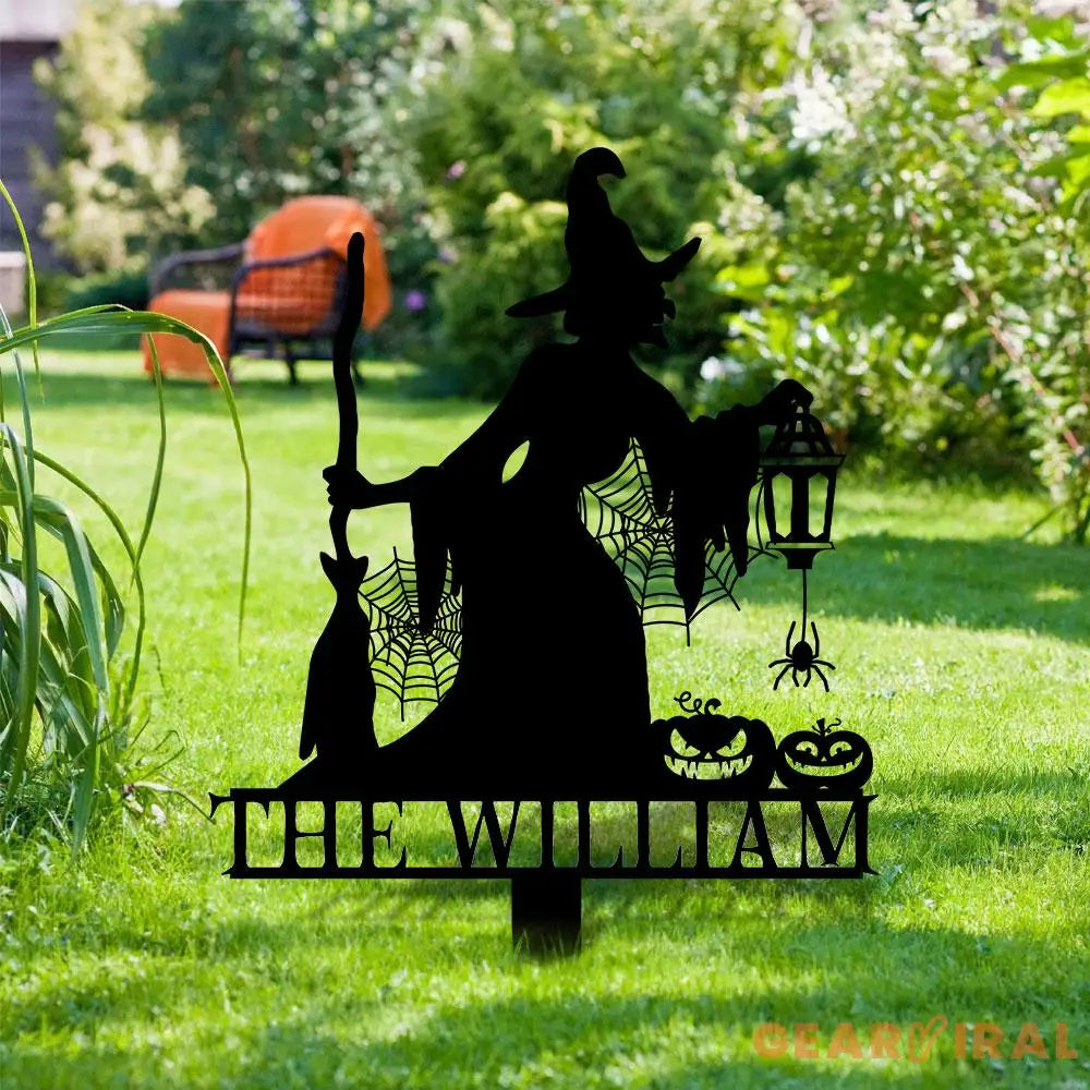 Metal Sign Witch Silhouette Halloween Custom Name Metal Stake,Personalized Family Yard Sign Outdoor Door Garden Decor