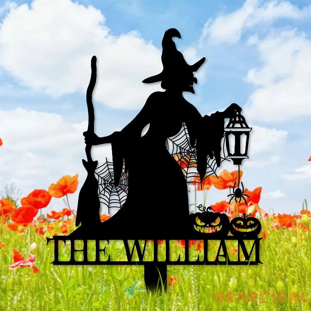 Metal Sign Witch Silhouette Halloween Custom Name Metal Stake,Personalized Family Yard Sign Outdoor Door Garden Decor