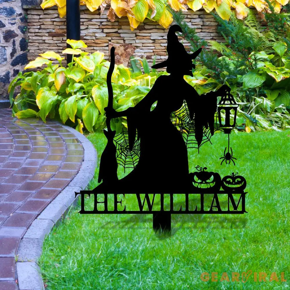 Metal Sign Witch Silhouette Halloween Custom Name Metal Stake,Personalized Family Yard Sign Outdoor Door Garden Decor