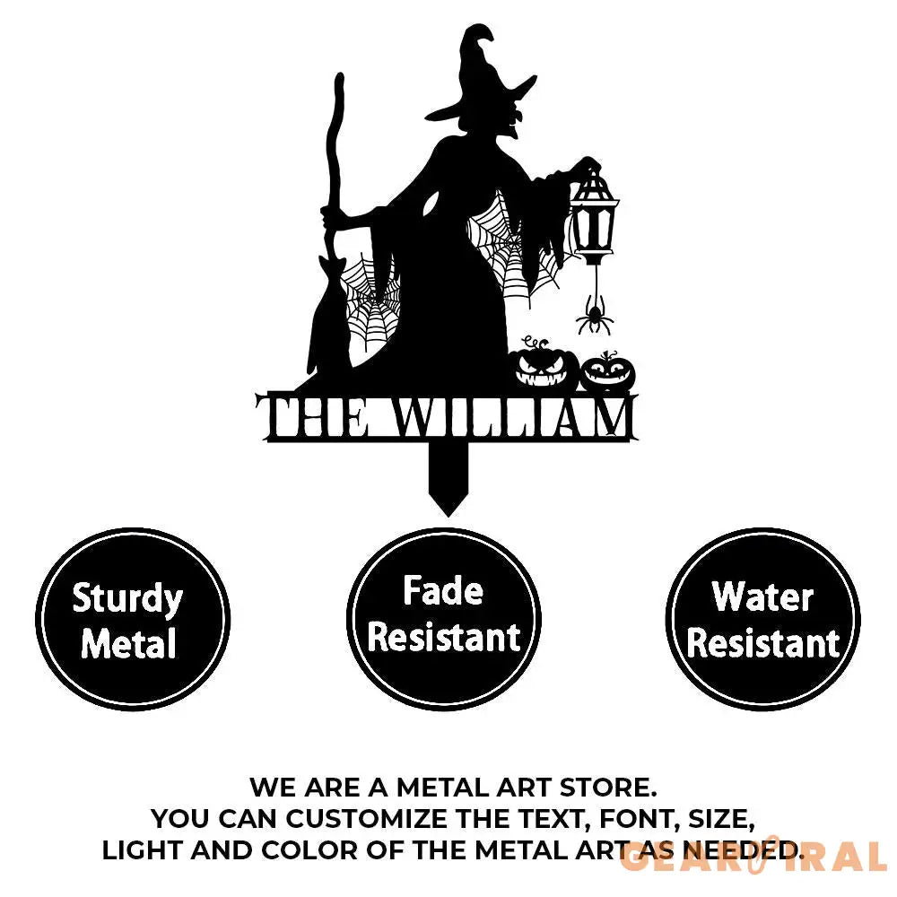 Metal Sign Witch Silhouette Halloween Custom Name Metal Stake,Personalized Family Yard Sign Outdoor Door Garden Decor