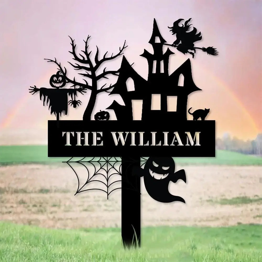 Metal Sign Witches House Halloween Name Sign Personalized Name LED Lights Halloween Sign Outdoor Door Monogram