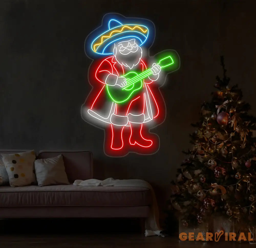 Mexican Santa Neon Sign - Merry Christmas LED Light Santa Claus with Sombrero Neon Sign Festive Christmas Wall Art
