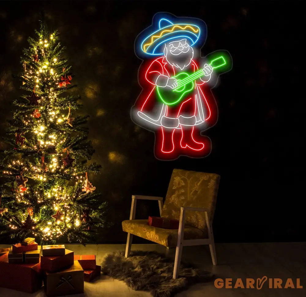 Mexican Santa Neon Sign - Merry Christmas LED Light Santa Claus with Sombrero Neon Sign Festive Christmas Wall Art