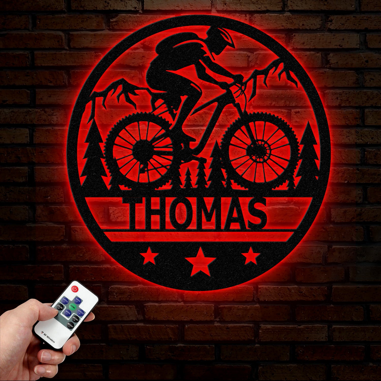 Custom LED Mountain Biker Metal Wall Art, Personalized Name Sign, Mountain Bike Decor for Outdoor Enthusiasts, Cycling Gift, Adventure Decor
