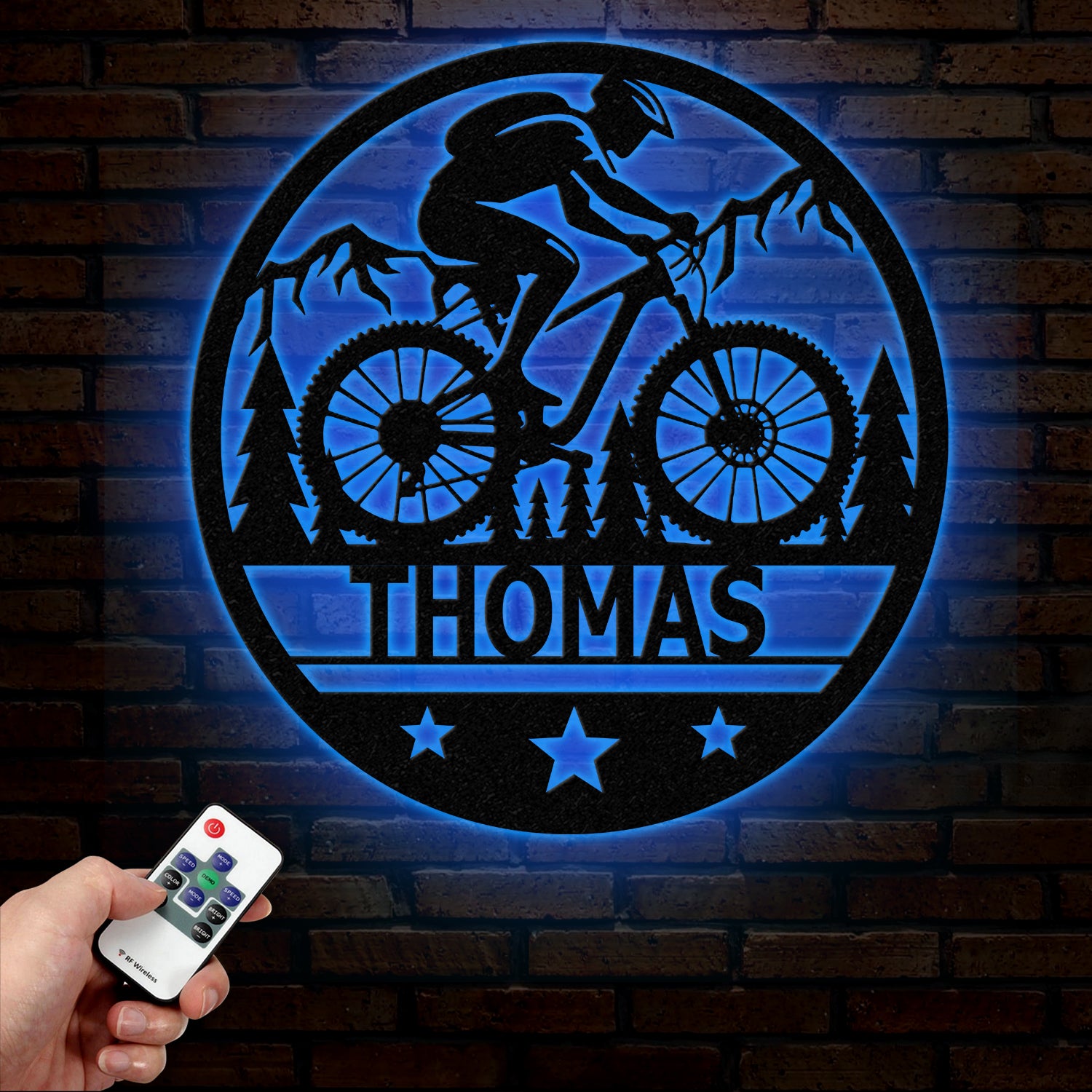 Custom LED Mountain Biker Metal Wall Art, Personalized Name Sign, Mountain Bike Decor for Outdoor Enthusiasts, Cycling Gift, Adventure Decor