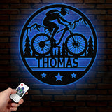 Custom LED Mountain Biker Metal Wall Art, Personalized Name Sign, Mountain Bike Decor for Outdoor Enthusiasts, Cycling Gift, Adventure Decor
