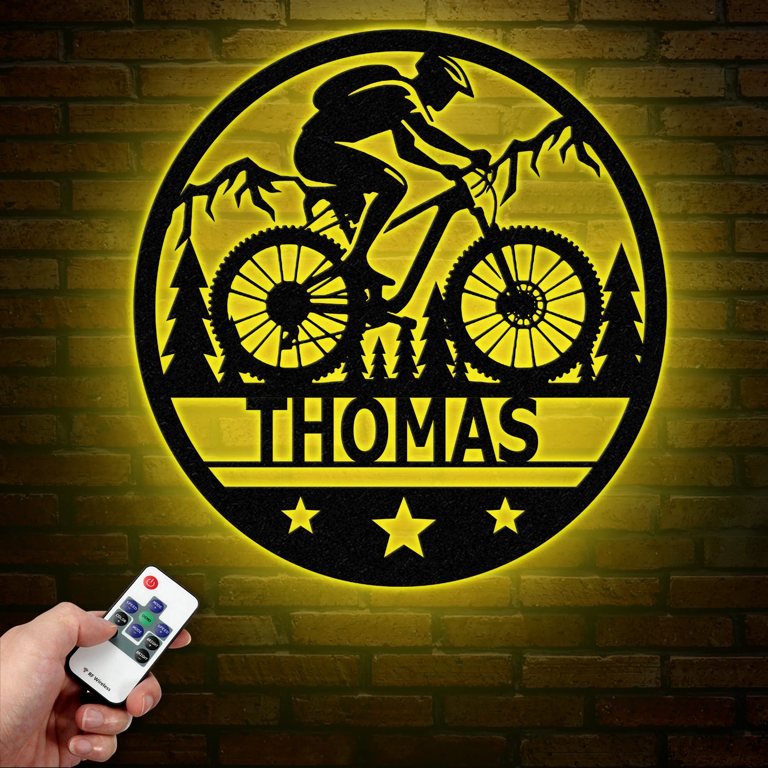 Custom LED Mountain Biker Metal Wall Art, Personalized Name Sign, Mountain Bike Decor for Outdoor Enthusiasts, Cycling Gift, Adventure Decor