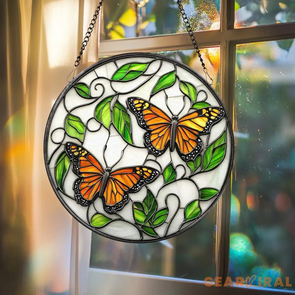 Monarch Butterfly Stained Glass Suncatcher Round Window Hanging with Vines and Leaves Nature Inspired Gift for Garden