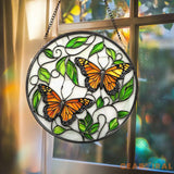 Monarch Butterfly Stained Glass Suncatcher Round Window Hanging with Vines and Leaves Nature Inspired Gift for Garden