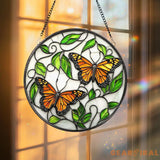 Monarch Butterfly Stained Glass Suncatcher Round Window Hanging with Vines and Leaves Nature Inspired Gift for Garden