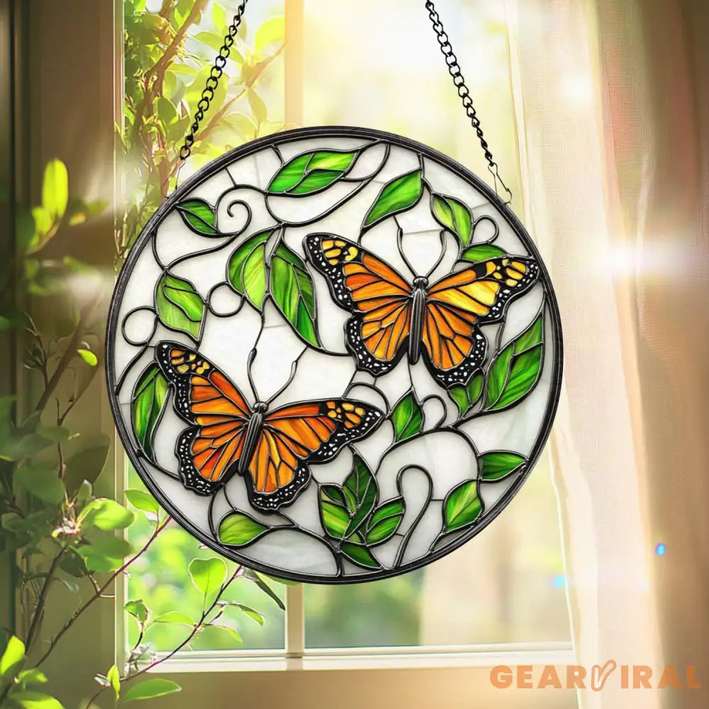 Monarch Butterfly Stained Glass Suncatcher Round Window Hanging with Vines and Leaves Nature Inspired Gift for Garden