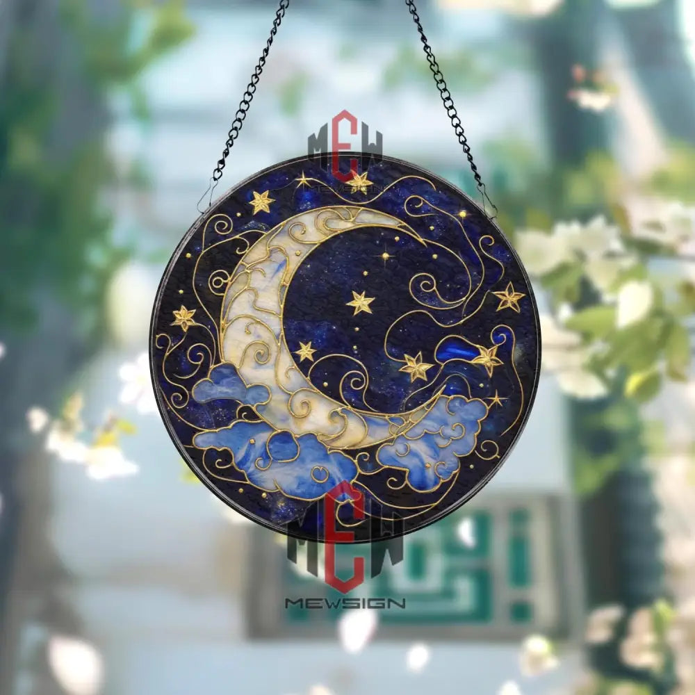 Moon and Stars Stained Glass Suncatcher Celestial Night Sky Window Hanging Crescent Moon Glass Art Mystic Space Gift