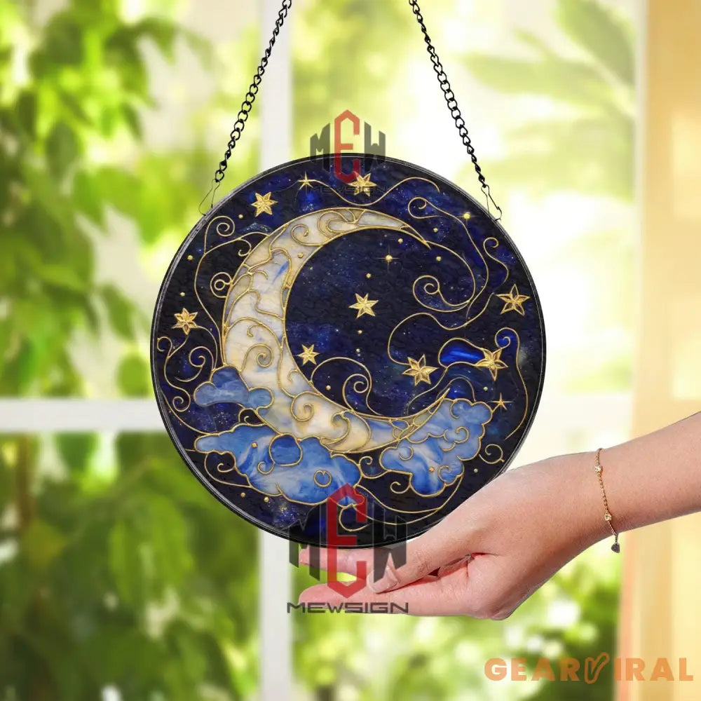 Moon and Stars Stained Glass Suncatcher Celestial Night Sky Window Hanging Crescent Moon Glass Art Mystic Space Gift