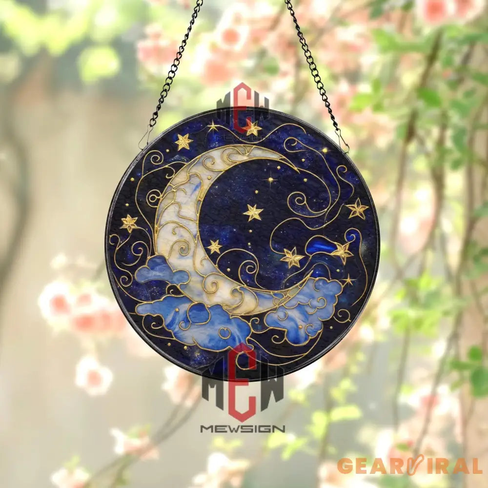 Moon and Stars Stained Glass Suncatcher Celestial Night Sky Window Hanging Crescent Moon Glass Art Mystic Space Gift