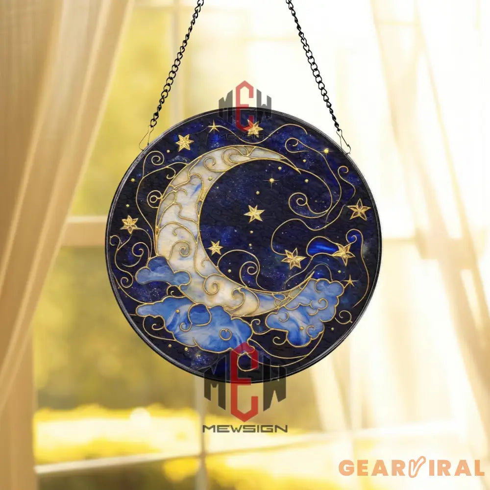 Moon and Stars Stained Glass Suncatcher Celestial Night Sky Window Hanging Crescent Moon Glass Art Mystic Space Gift