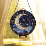 Moon and Stars Stained Glass Suncatcher Celestial Night Sky Window Hanging Crescent Moon Glass Art Mystic Space Gift