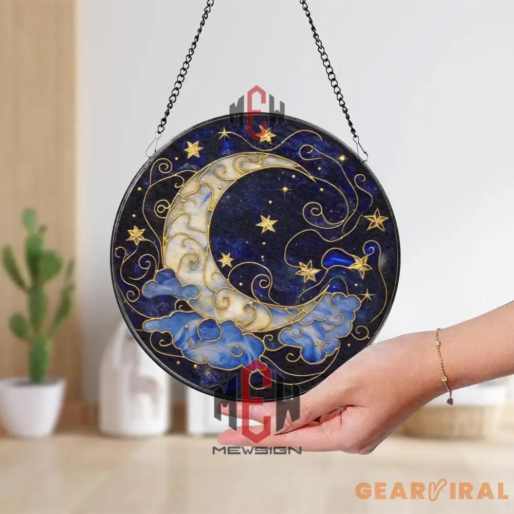 Moon and Stars Stained Glass Suncatcher Celestial Night Sky Window Hanging Crescent Moon Glass Art Mystic Space Gift