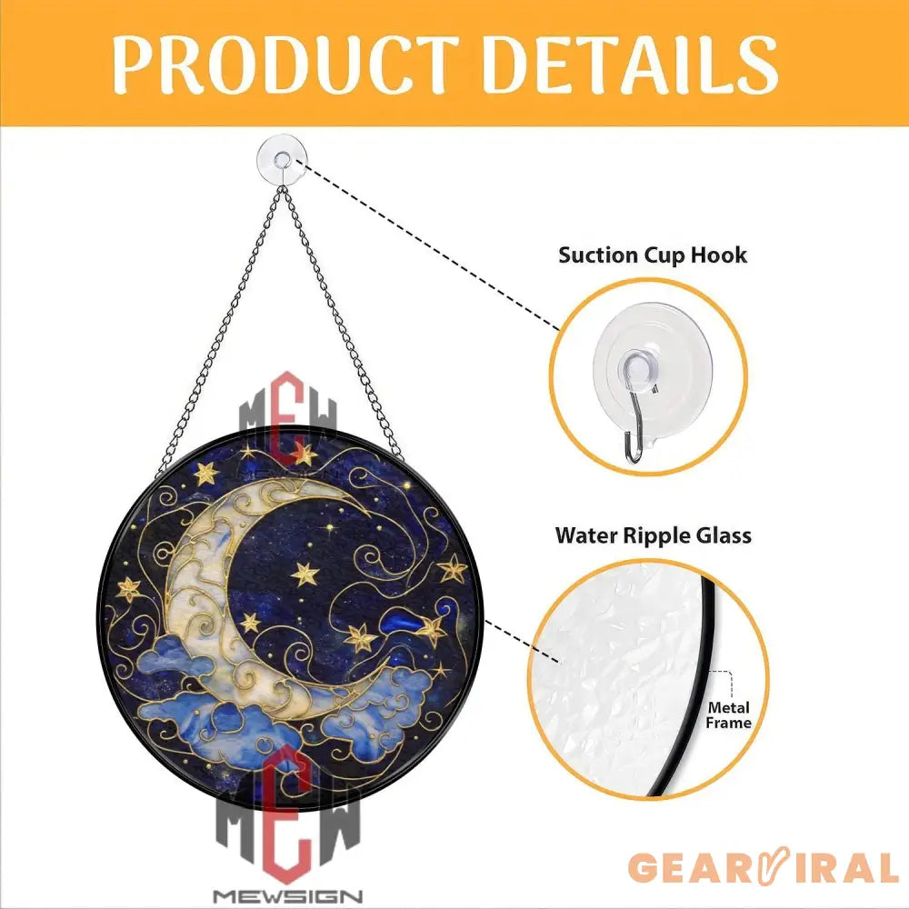 Moon and Stars Stained Glass Suncatcher Celestial Night Sky Window Hanging Crescent Moon Glass Art Mystic Space Gift