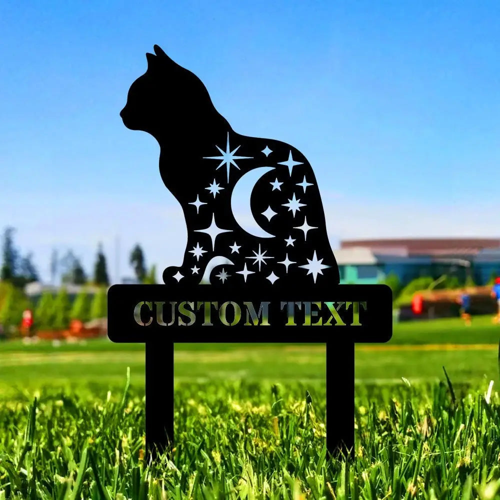 Moon Cat Metal Family Name Stake - Personalized Garden Cat Stake - Perfect Cat Metal Yard Sign - Housewarming Cat Lover