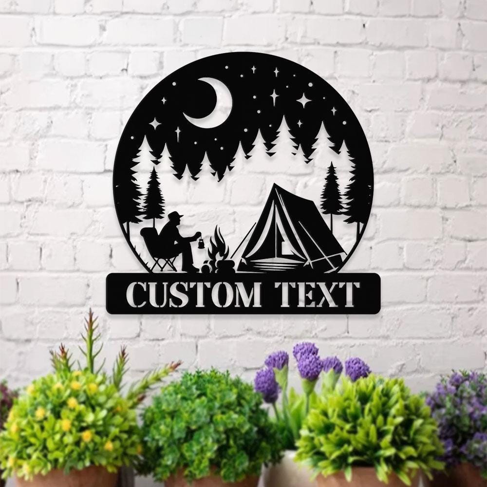 Moon Mountain Camping Name Hunting Metal Sign | Housewarming Gift - Last Name Initial Hanging -  Personalize Metal Sign - Metal Decor