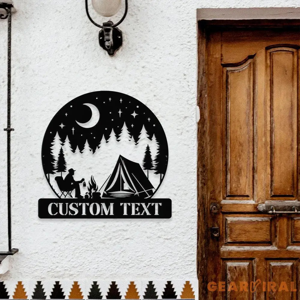 Moon Mountain Camping Name Hunting Metal Sign | Housewarming Gift - Last Name Initial Hanging - Personalize Metal Sign