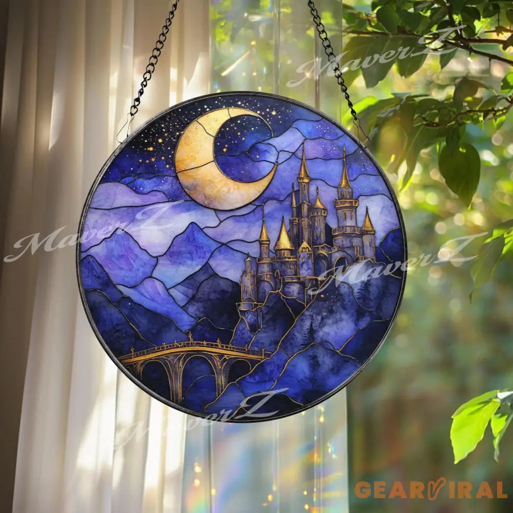 Moonlit Castle Stained Glass Suncatcher Fantasy Night Sky Window Panel Mystical Fairytale Decor for Magic Lovers &