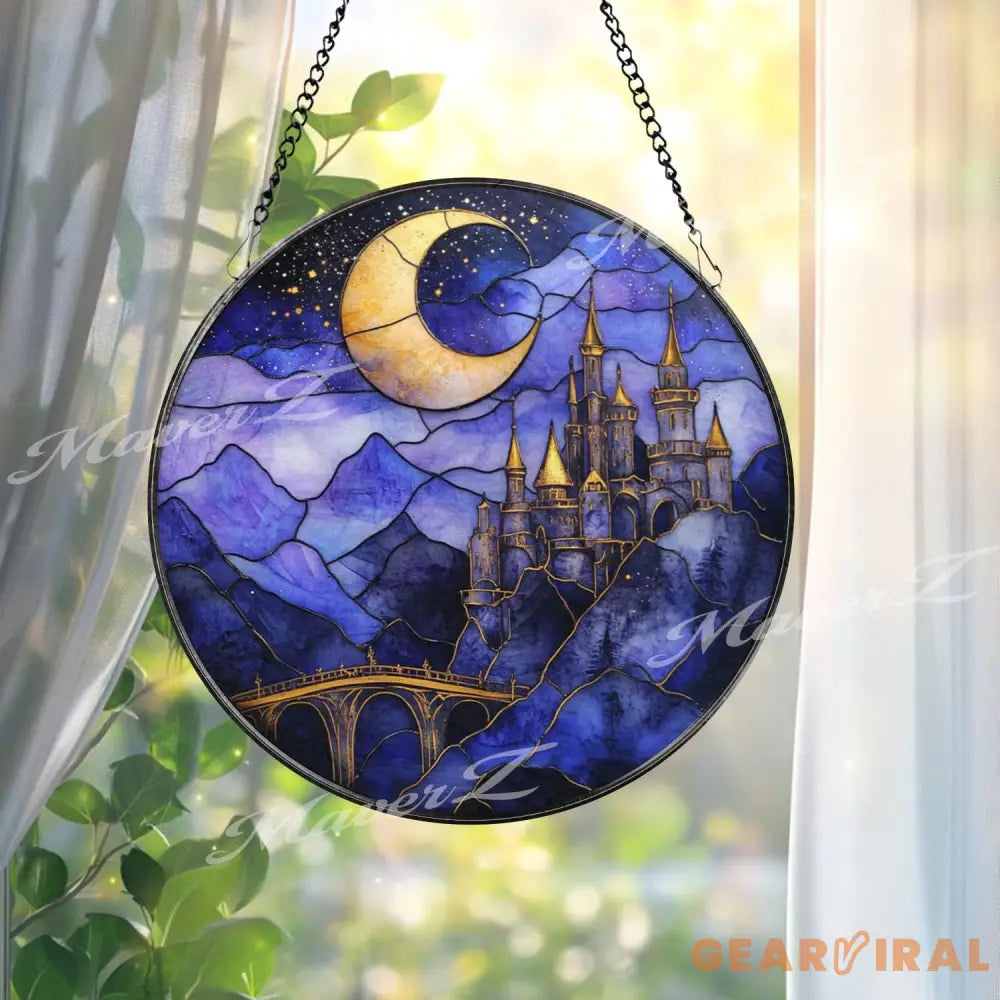 Moonlit Castle Stained Glass Suncatcher Fantasy Night Sky Window Panel Mystical Fairytale Decor for Magic Lovers &