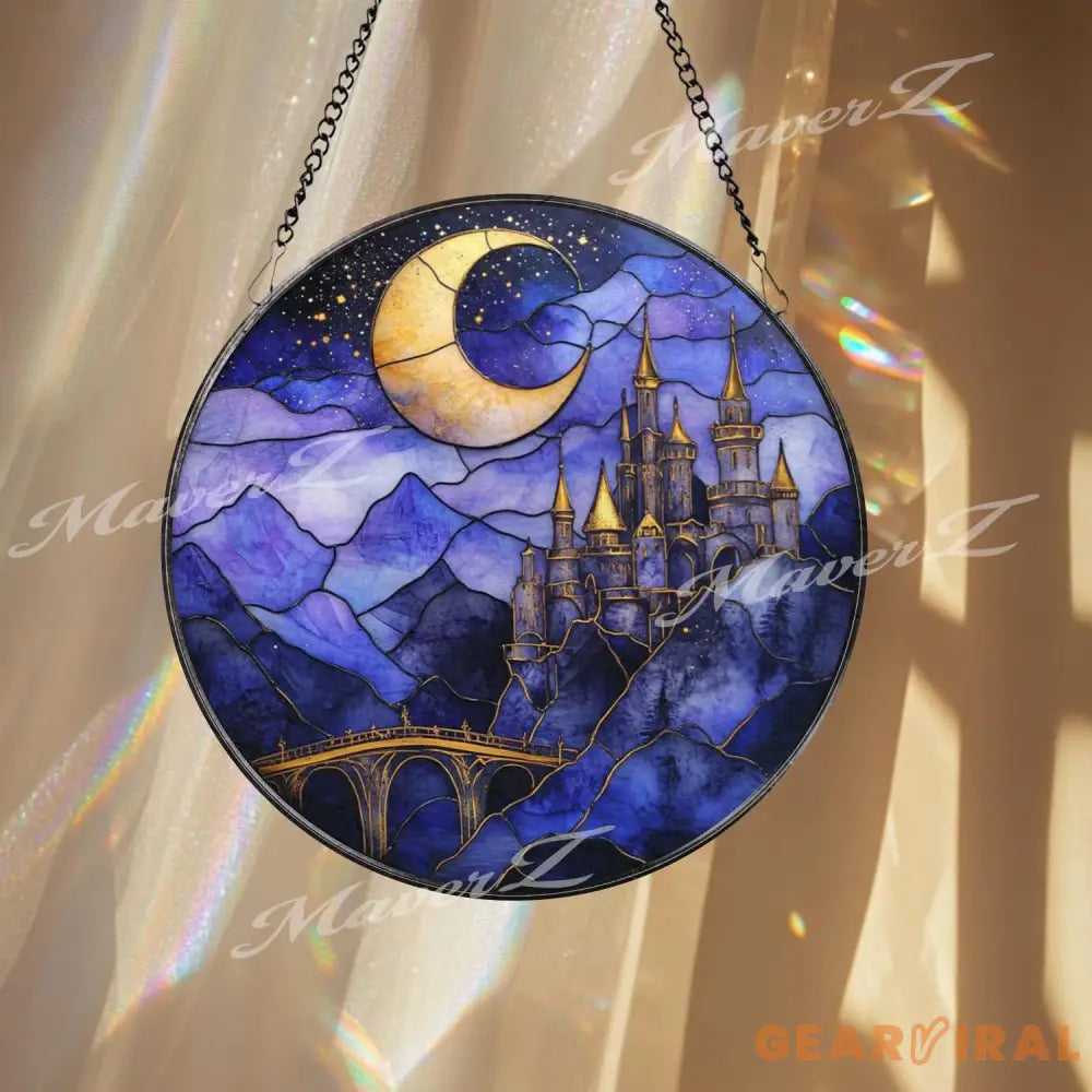 Moonlit Castle Stained Glass Suncatcher Fantasy Night Sky Window Panel Mystical Fairytale Decor for Magic Lovers &