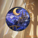 Moonlit Castle Stained Glass Suncatcher Fantasy Night Sky Window Panel Mystical Fairytale Decor for Magic Lovers &