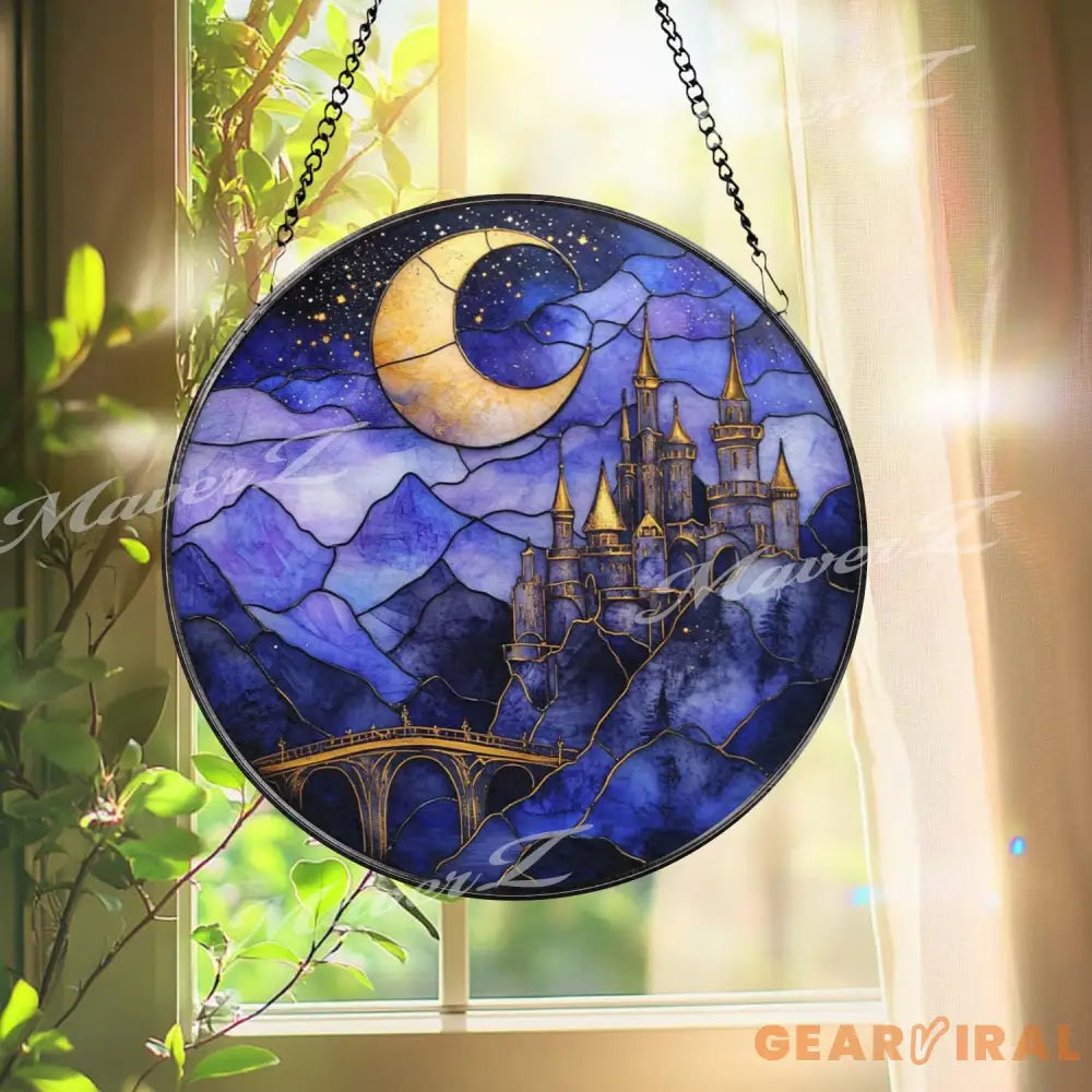 Moonlit Castle Stained Glass Suncatcher Fantasy Night Sky Window Panel Mystical Fairytale Decor for Magic Lovers &