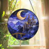 Moonlit Castle Stained Glass Suncatcher Fantasy Night Sky Window Panel Mystical Fairytale Decor for Magic Lovers &