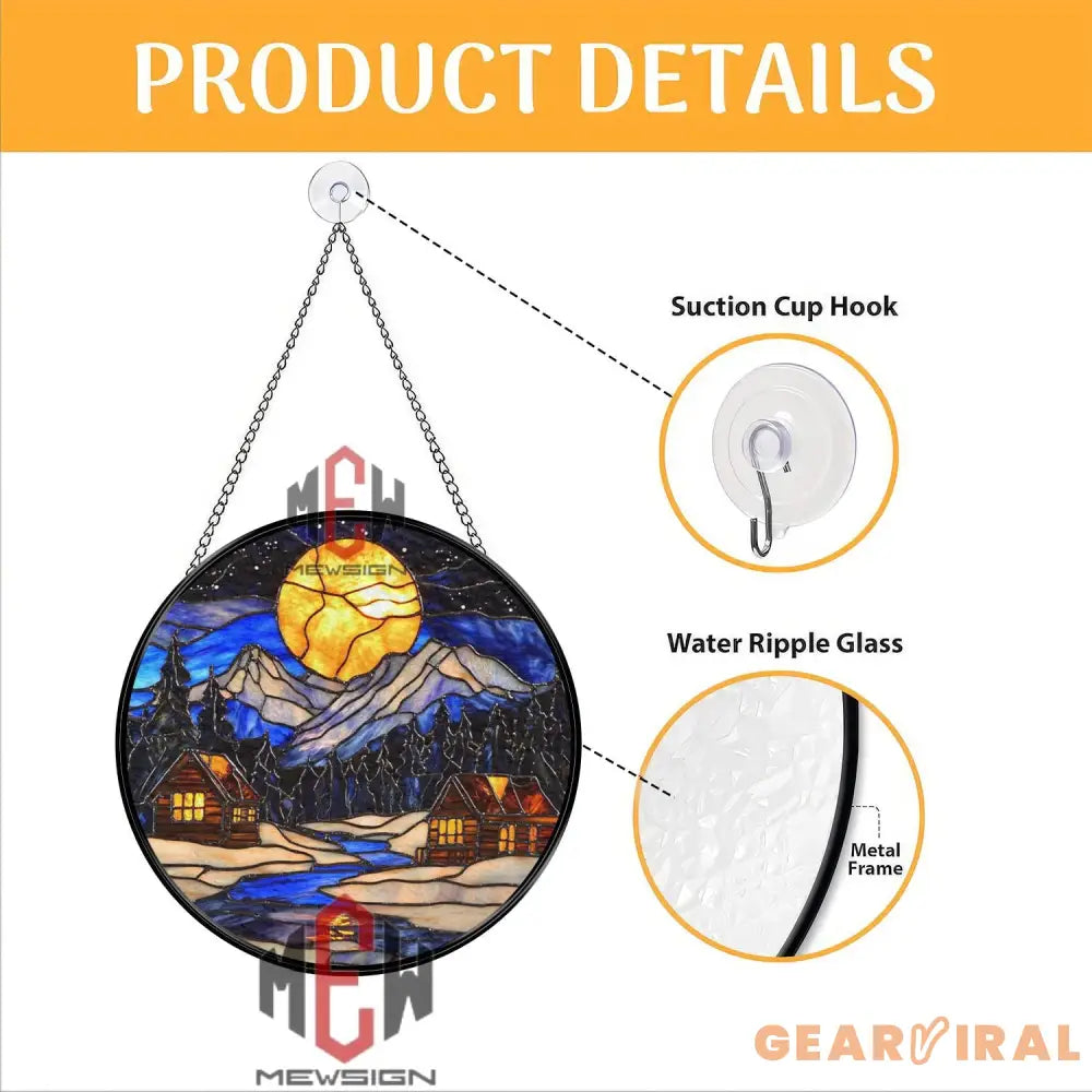 Moonlit Mountain Cabin Stained Glass Suncatcher Winter Forest Window Art Cozy Night Lodge Glass Decor Rustic Nature