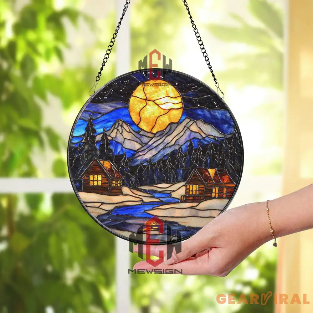Moonlit Mountain Cabin Stained Glass Suncatcher Winter Forest Window Art Cozy Night Lodge Glass Decor Rustic Nature