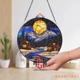 Moonlit Mountain Cabin Stained Glass Suncatcher Winter Forest Window Art Cozy Night Lodge Glass Decor Rustic Nature