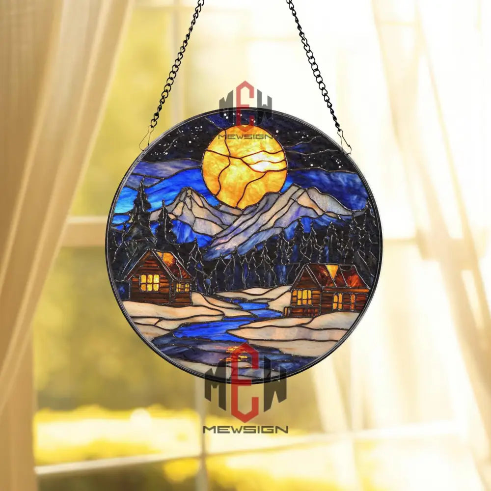 Moonlit Mountain Cabin Stained Glass Suncatcher Winter Forest Window Art Cozy Night Lodge Glass Decor Rustic Nature