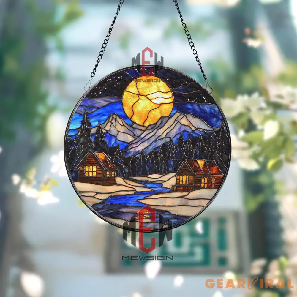 Moonlit Mountain Cabin Stained Glass Suncatcher Winter Forest Window Art Cozy Night Lodge Glass Decor Rustic Nature