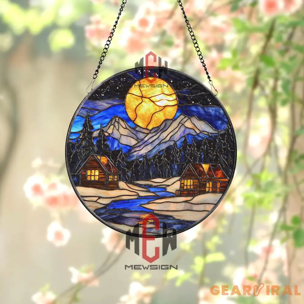 Moonlit Mountain Cabin Stained Glass Suncatcher Winter Forest Window Art Cozy Night Lodge Glass Decor Rustic Nature