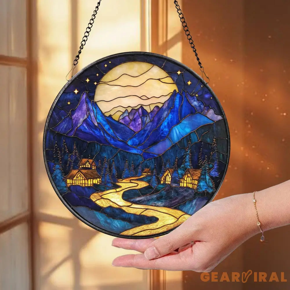 Moonlit Mountain Village Stained Glass Suncatcher – Blue Night Scene Window Hanging Cozy Cabin Decor Scenic Nature