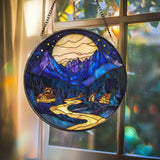 Moonlit Mountain Village Stained Glass Suncatcher – Blue Night Scene Window Hanging Cozy Cabin Decor Scenic Nature