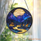 Moonlit Mountain Village Stained Glass Suncatcher – Blue Night Scene Window Hanging Cozy Cabin Decor Scenic Nature
