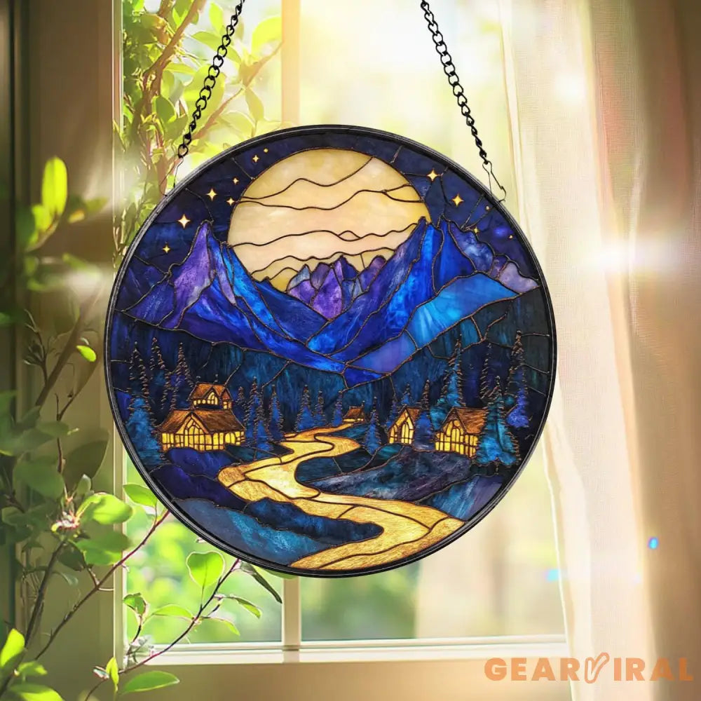 Moonlit Mountain Village Stained Glass Suncatcher – Blue Night Scene Window Hanging Cozy Cabin Decor Scenic Nature
