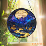 Moonlit Mountain Village Stained Glass Suncatcher – Blue Night Scene Window Hanging Cozy Cabin Decor Scenic Nature