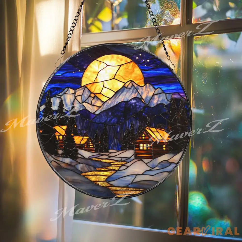 Moonlit Winter Cabin Stained Glass Suncatcher Cozy Snowy Mountain Window Art Rustic Holiday Home Decor Winter Lodge Gift