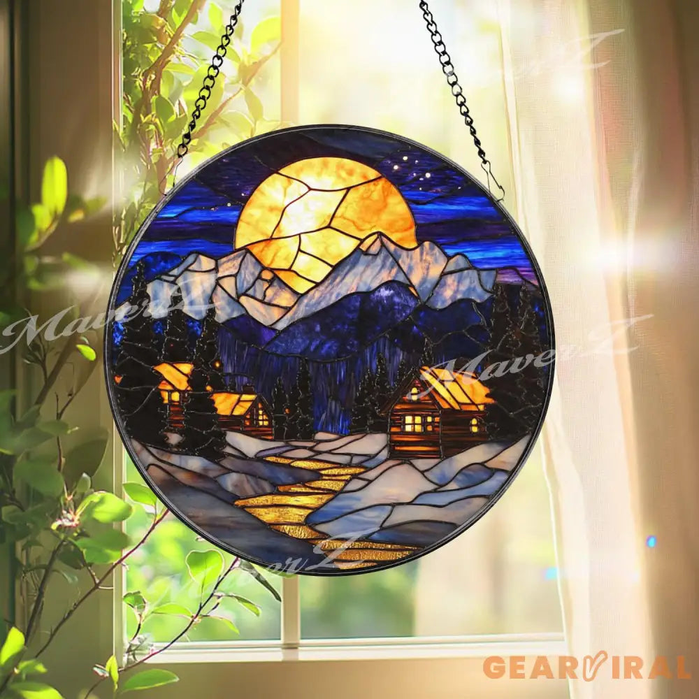 Moonlit Winter Cabin Stained Glass Suncatcher Cozy Snowy Mountain Window Art Rustic Holiday Home Decor Winter Lodge Gift