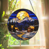 Moonlit Winter Cabin Stained Glass Suncatcher Cozy Snowy Mountain Window Art Rustic Holiday Home Decor Winter Lodge Gift