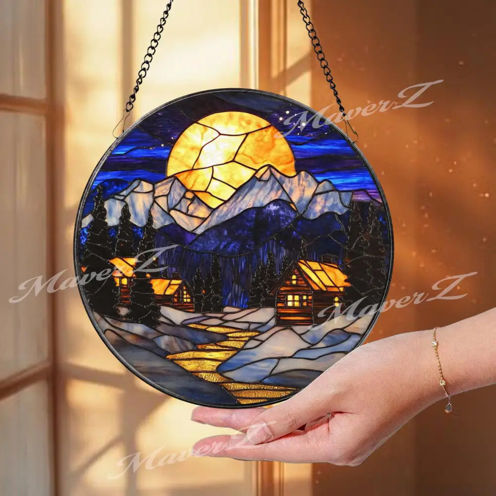 Moonlit Winter Cabin Stained Glass Suncatcher Cozy Snowy Mountain Window Art Rustic Holiday Home Decor Winter Lodge Gift