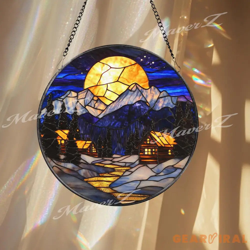 Moonlit Winter Cabin Stained Glass Suncatcher Cozy Snowy Mountain Window Art Rustic Holiday Home Decor Winter Lodge Gift