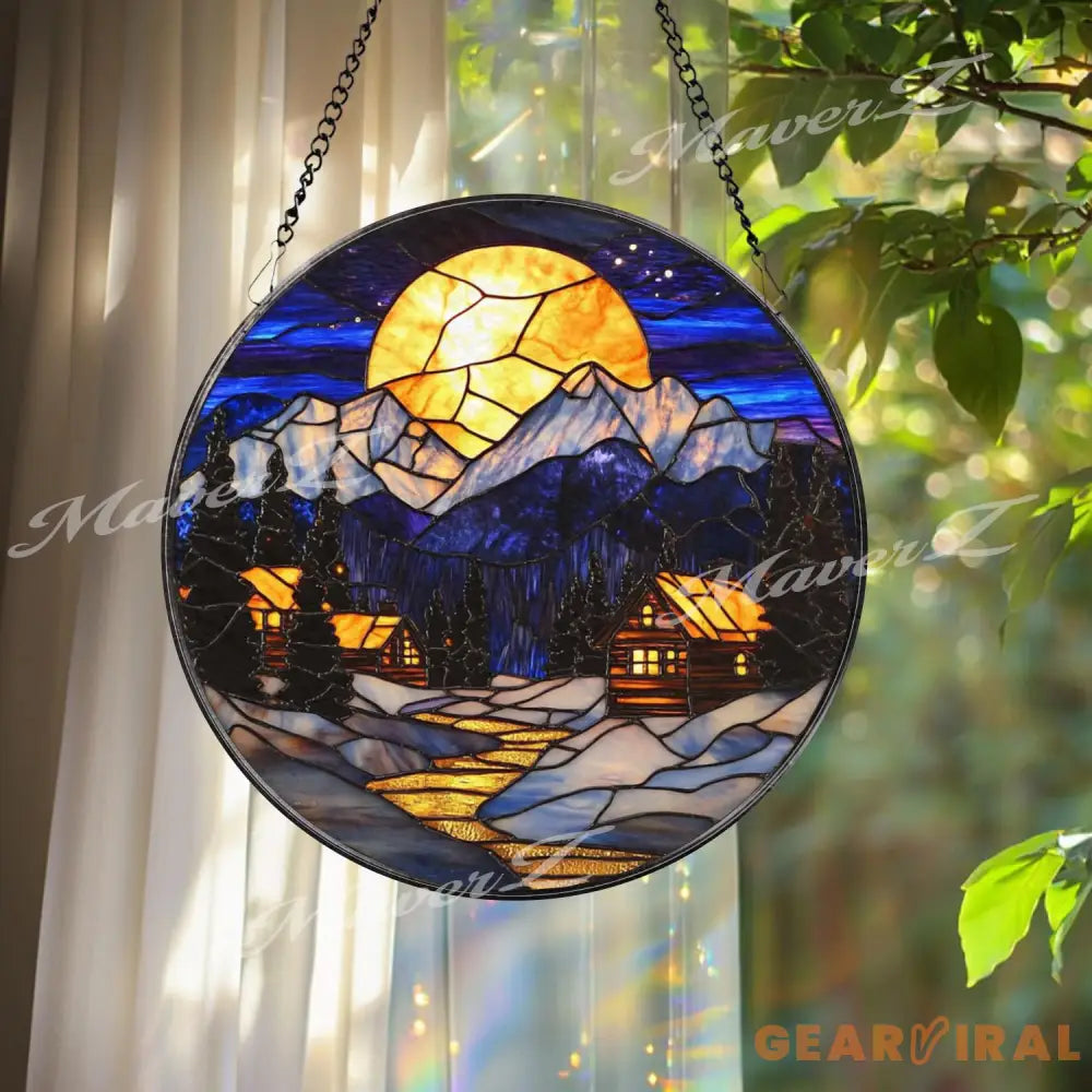 Moonlit Winter Cabin Stained Glass Suncatcher Cozy Snowy Mountain Window Art Rustic Holiday Home Decor Winter Lodge Gift