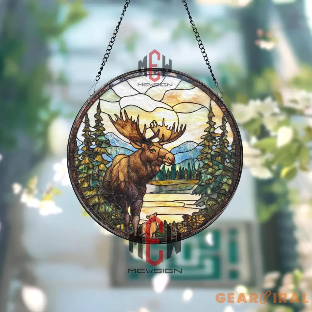 Moose Stained Glass Suncatcher Wildlife Forest Window Hanging Art Round Nature Scene Panel with Lake and Pines Rustic
